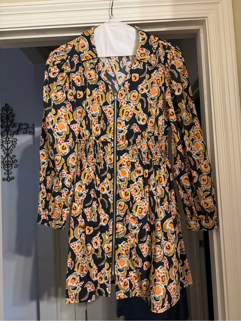 Women's Floral Zip Front Dress with Smocked Waist - Navy & Yellow